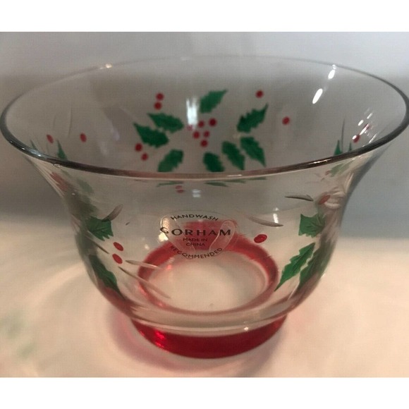 Gorham "FESTIVE HOLLY" 5" Crystal Candy Dish Hand-painted And Hand-cut - Picture 3 of 9